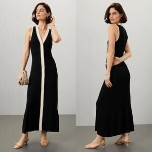 Sandro Gabriel Dress Rib Knit Sleeveless V-Neck Button-Front Maxi Black 40 US 8